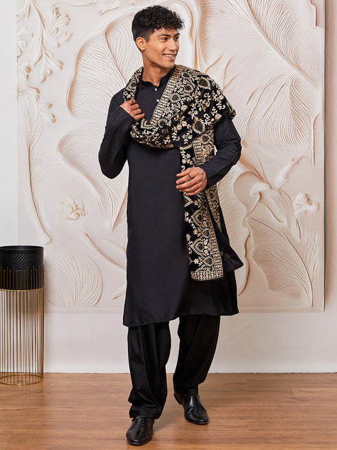 Men's Black Viscose Kurta,Patiala And Dupatta Set.